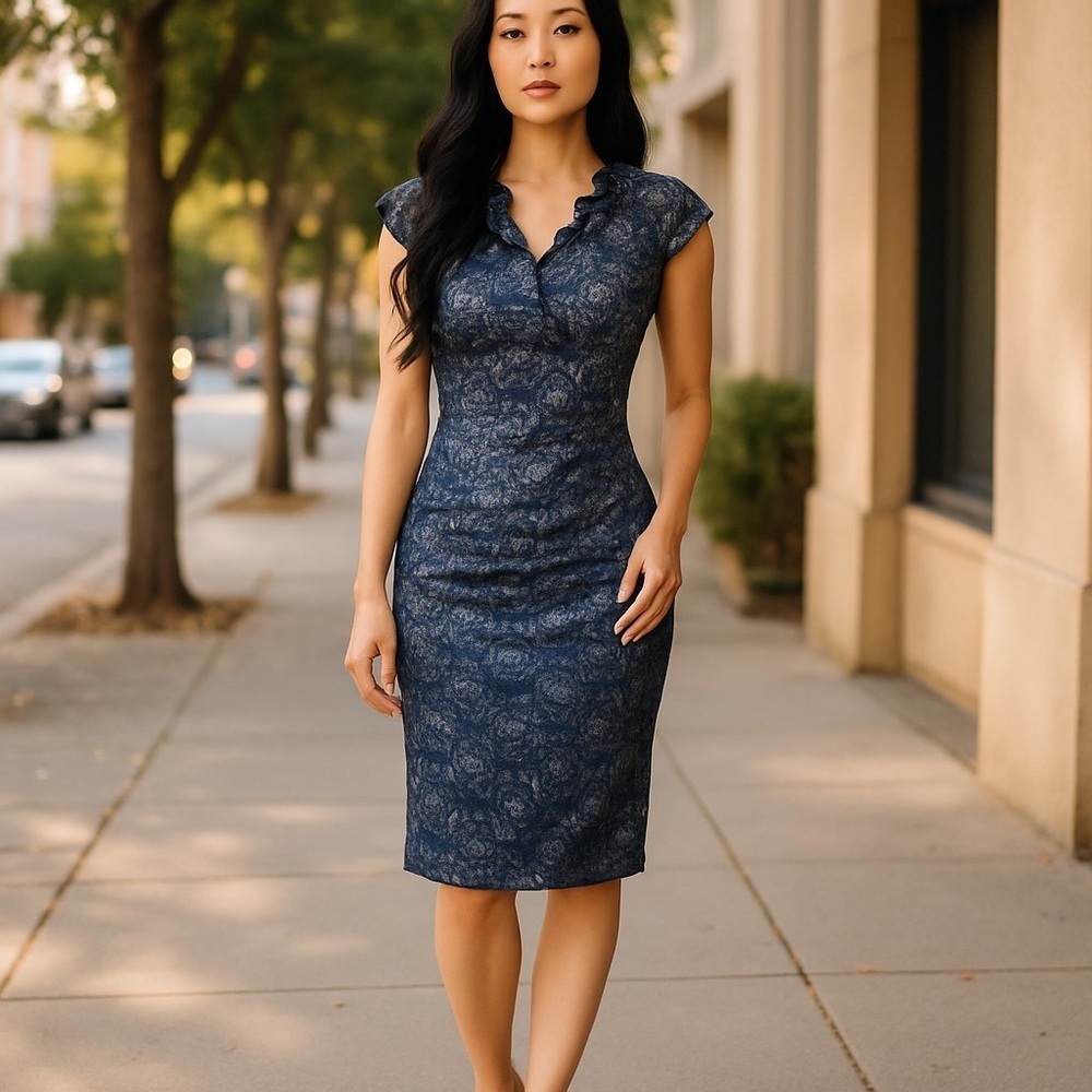 Xscape Lace midi dress ruffle shaping Bodycon cap sleeve ruched dark blue size 4